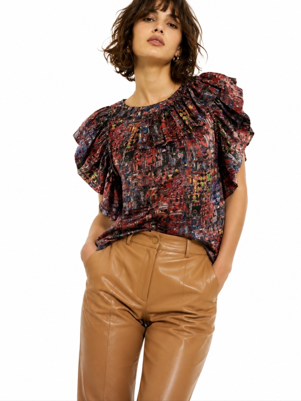 Phillip Lim Silk Abstract Multicolor Ruffle Sleeve Women's Top - Size 8